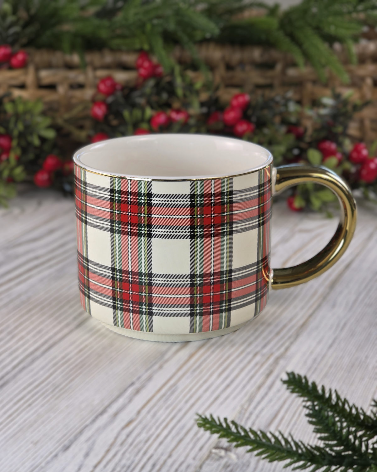 Holiday Plaid — Fine Bone China Mug with Gold Handle