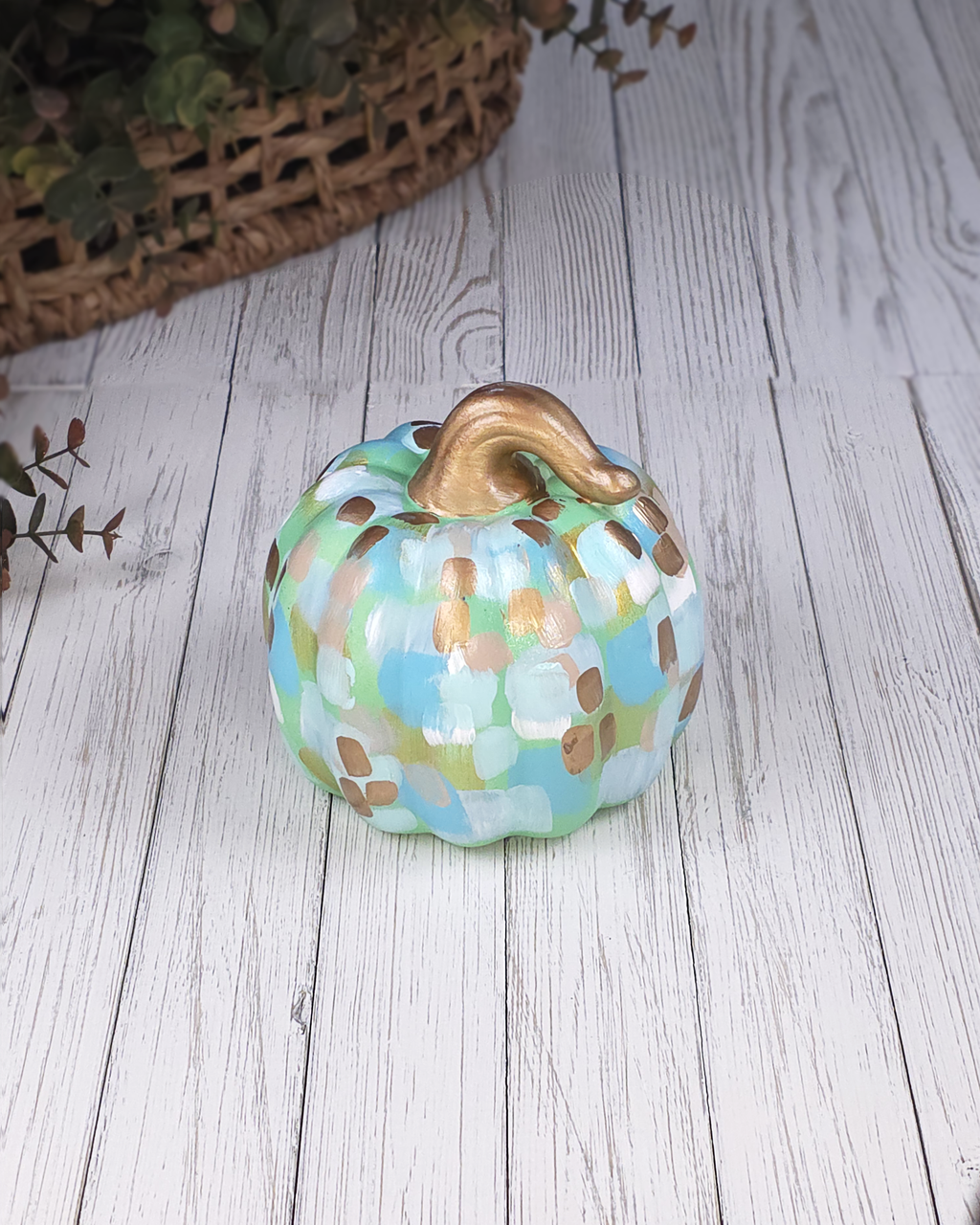 Small Mint & Gold Abstract Pumpkin — Hand-Painted Ceramic by Jessica Reynolds Art
