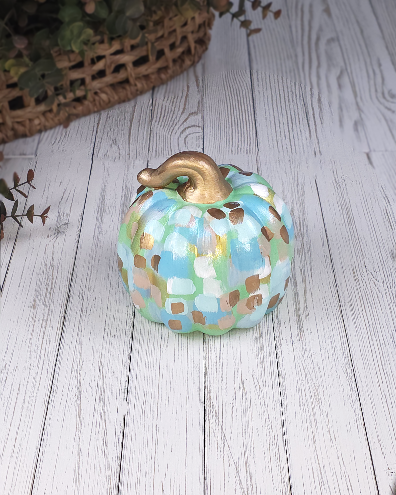 Small Mint & Gold Abstract Pumpkin — Hand-Painted Ceramic by Jessica Reynolds Art