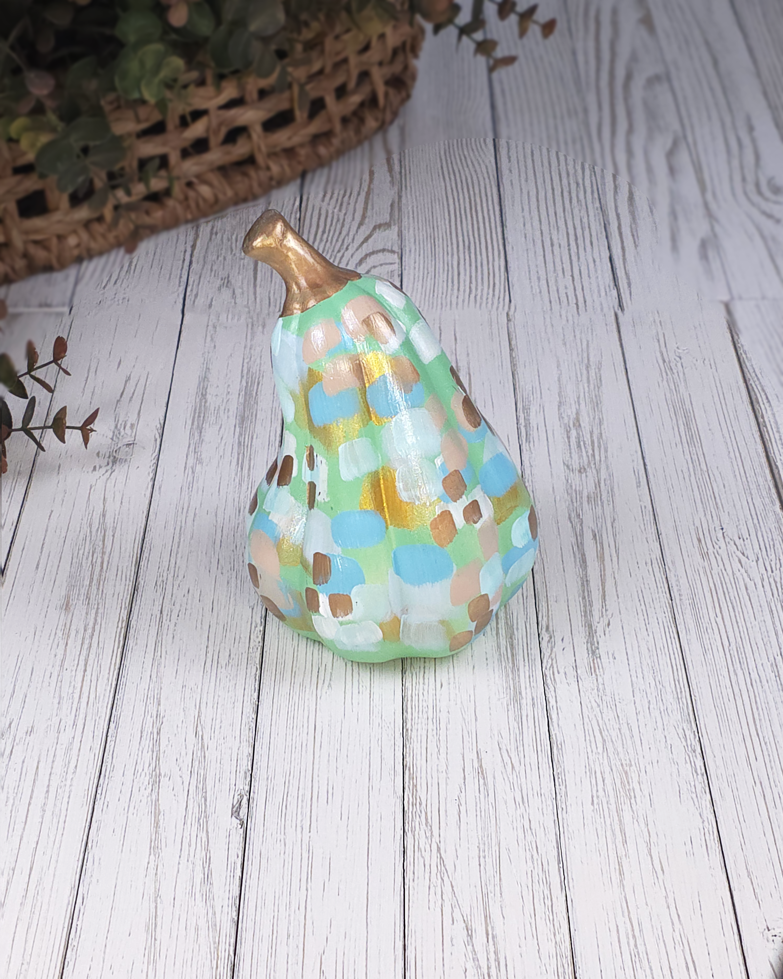 Mint & Gold Abstract Gourd — Hand-Painted Ceramic by Jessica Reynolds Art