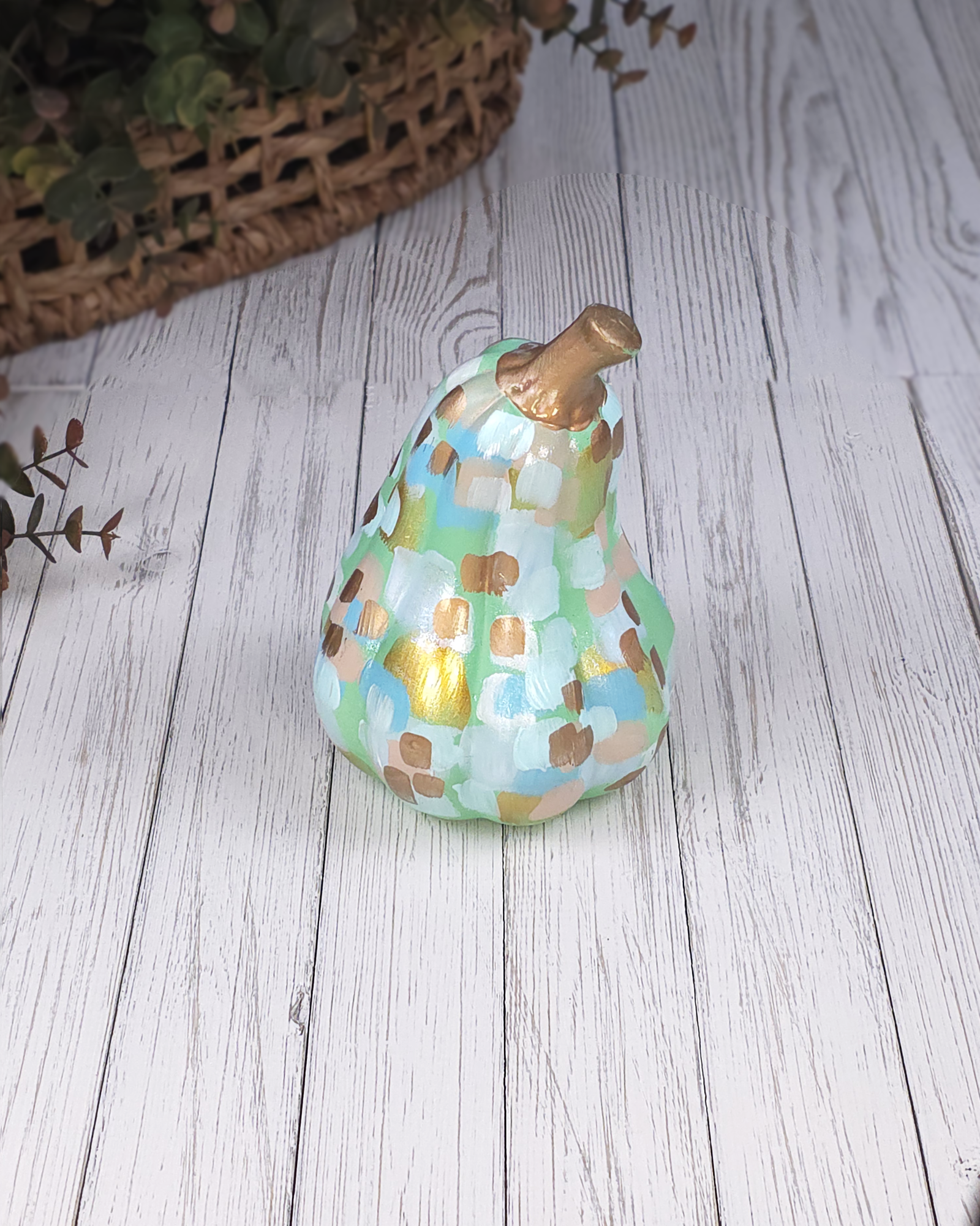 Mint & Gold Abstract Gourd — Hand-Painted Ceramic by Jessica Reynolds Art