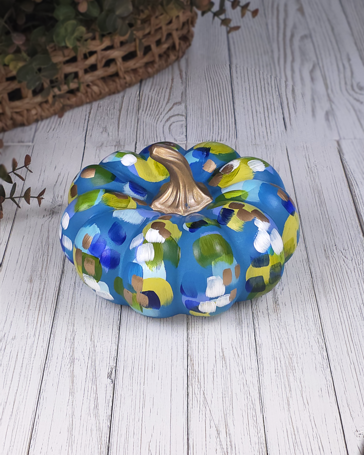 Blues & Gold Pumpkin — Hand-Painted Ceramic by Jessica Reynolds Art