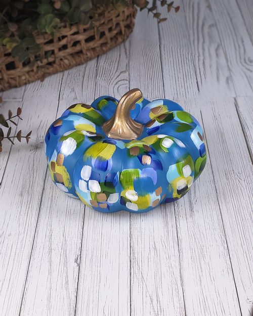 Blues & Gold Pumpkin — Hand-Painted Ceramic by Jessica Reynolds Art