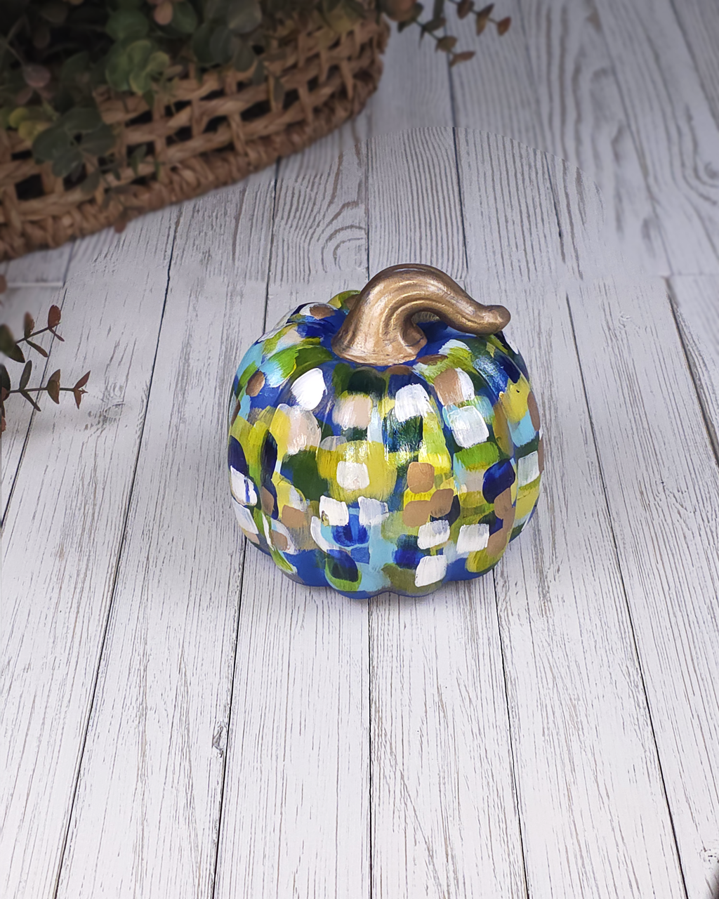 Small Blue & Green Abstract Pumpkin — Hand-Painted Ceramic by Jessica Reynolds Art