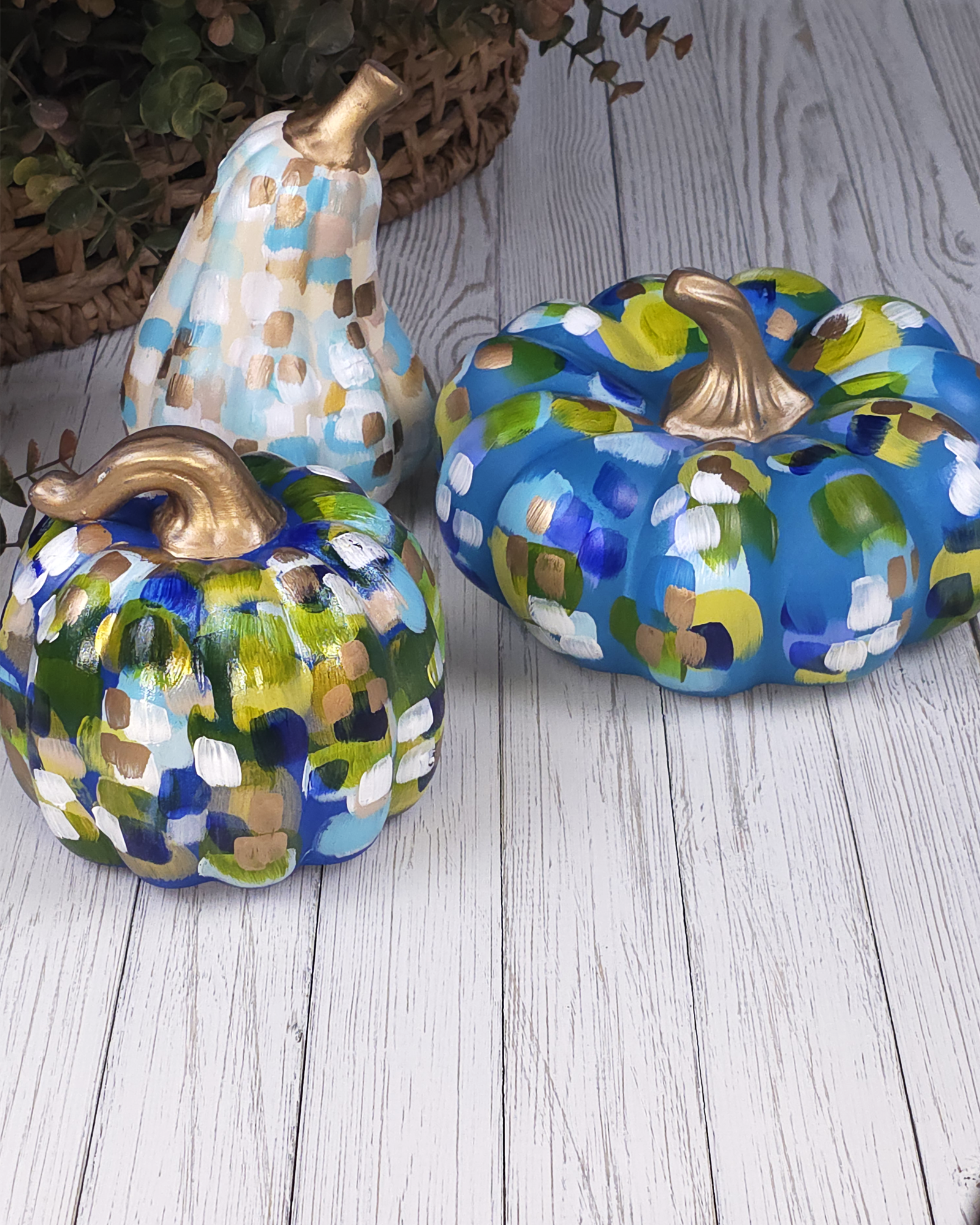Small Blue & Green Abstract Pumpkin — Hand-Painted Ceramic by Jessica Reynolds Art