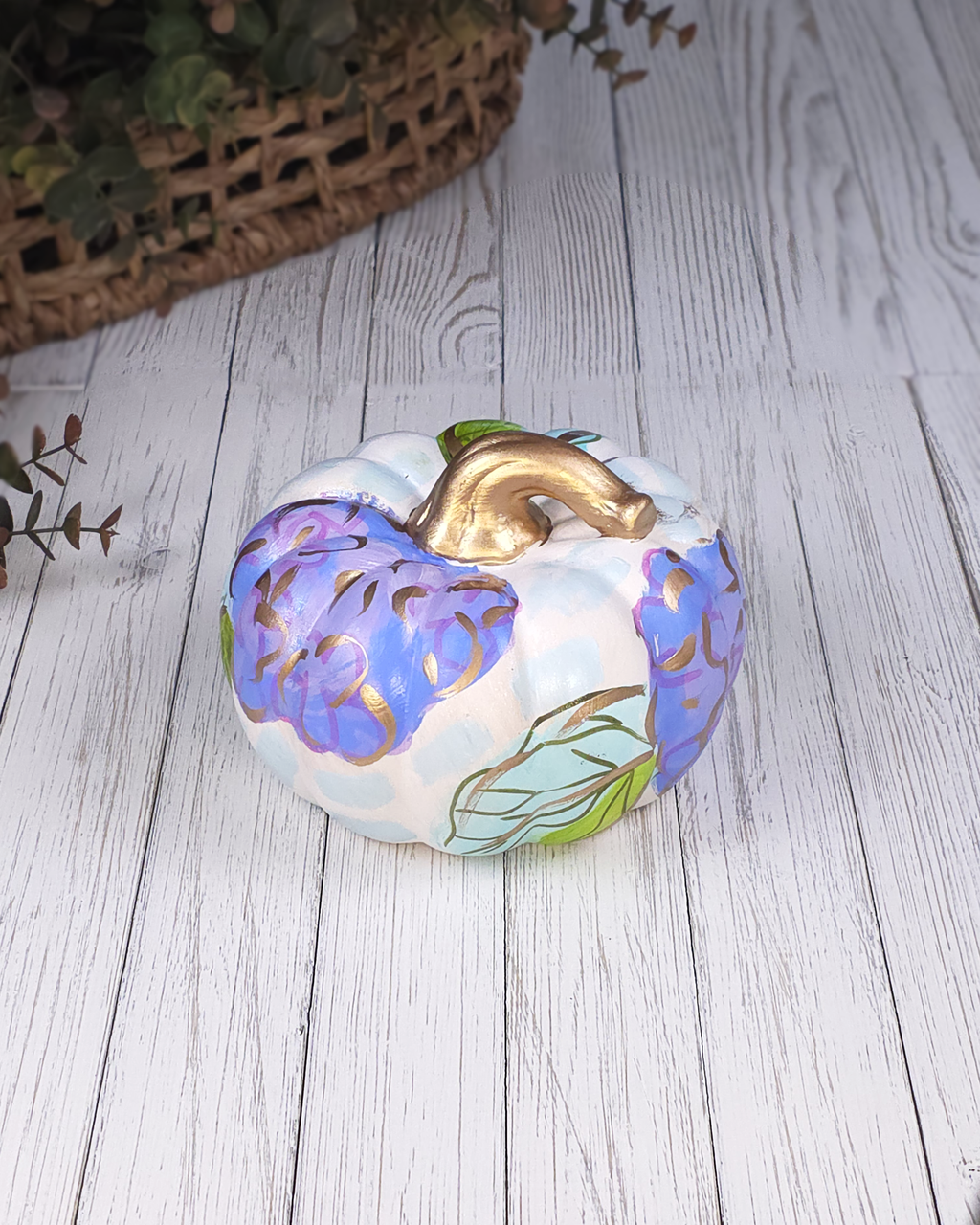 Blue Hydrangea Pumpkin — Hand-Painted Ceramic by Jessica Reynolds Art