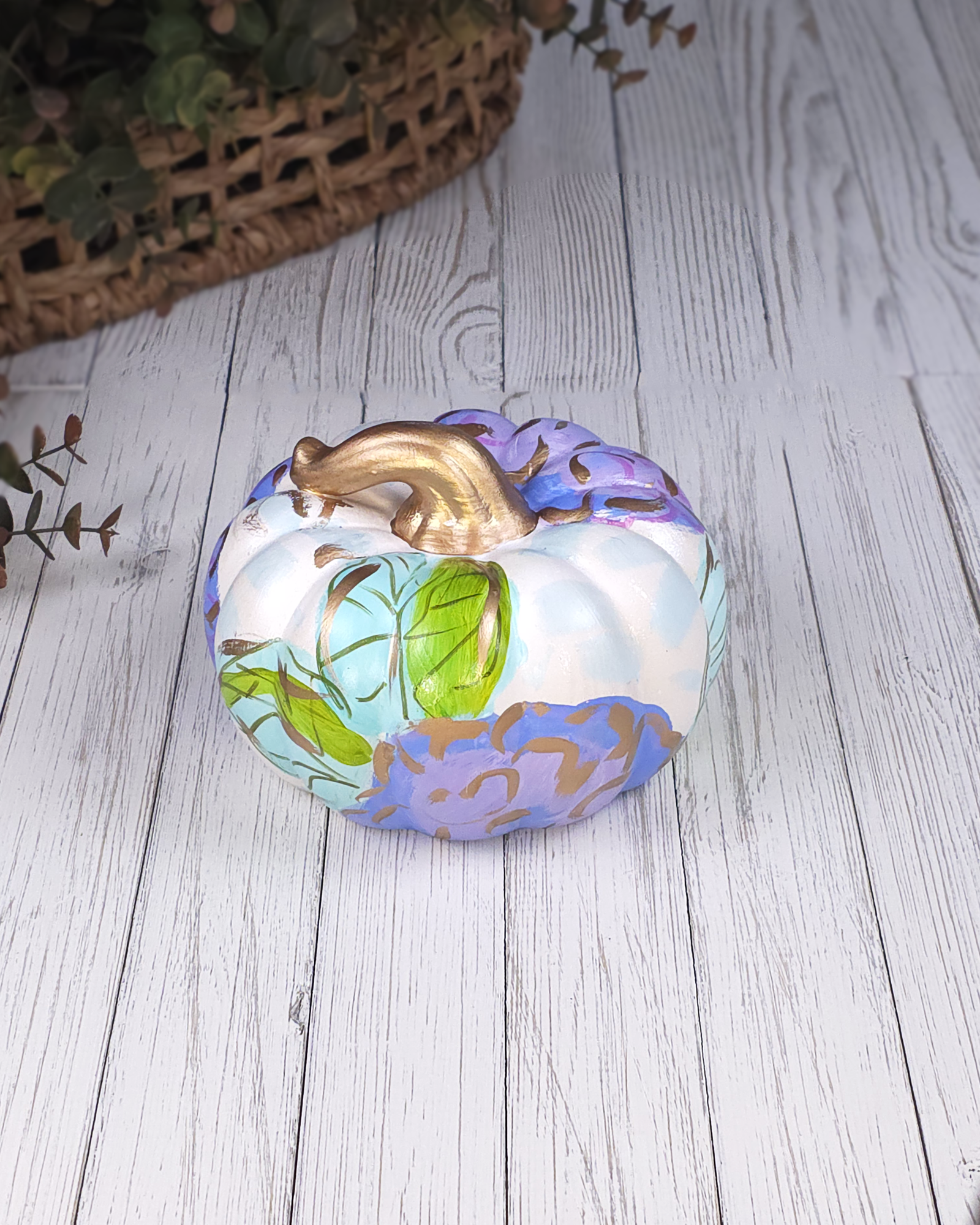 Blue Hydrangea Pumpkin — Hand-Painted Ceramic by Jessica Reynolds Art