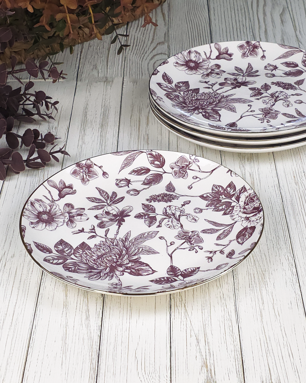 Burgundy Floral Toile — Salad Plates (Set of 4)