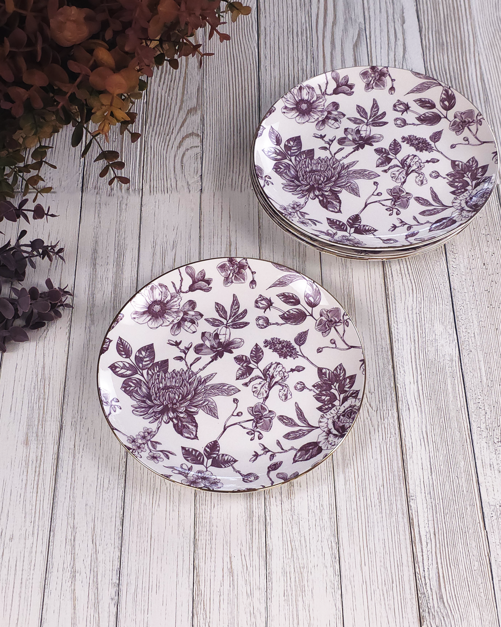 Burgundy Floral Toile — Salad Plates (Set of 4)